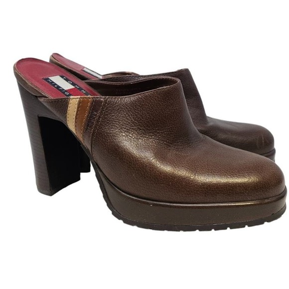 Vintage Y2K Tommy Hilfiger 6 Brown Leather Heel Chunky Mule Lug Sole Boho Grunge - Picture 1 of 6